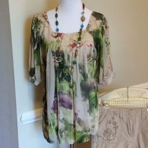 Unbranded Boho chiffon top with banded 3/4 puffy sleeves